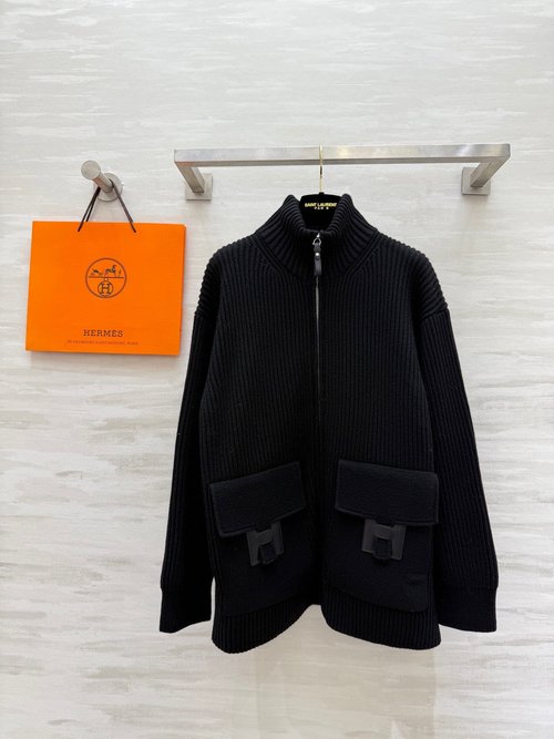 Hermes New Milky Knit Sweater with Brown Leather Pockets