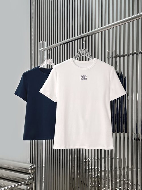 Celine CE Series Blue & White Embroidered Logo Short Sleeve T-Shirt