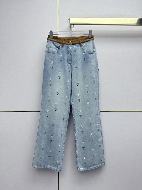 Dior Velvet Waist Denim Straight-Leg Pants with Seagull Embroideries