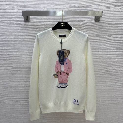 Polo Ralph Lauren Cute Bear Logo Beige and Pink Long Sleeve Knitted Top