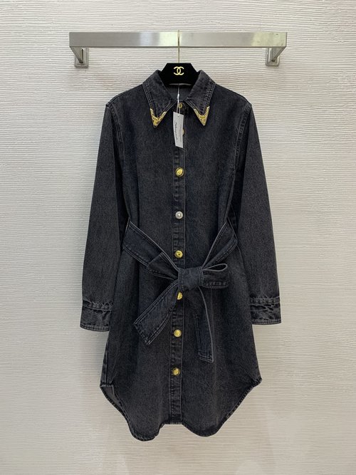 Schiaparelli New Denim Shirt Dress with Metal Collar and Belt in Gray