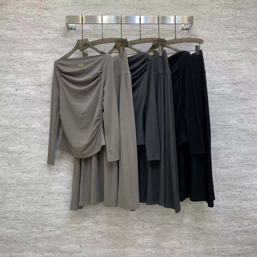 Dior Chic Cotton Suit with Slanted Shoulder and Long Skirt