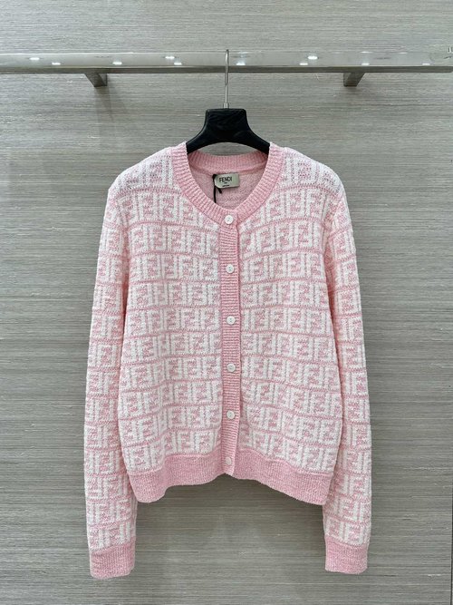 Fendi FF Crochet Cashmere Round-Neck Cardigan with All-Over Monogram, High-End