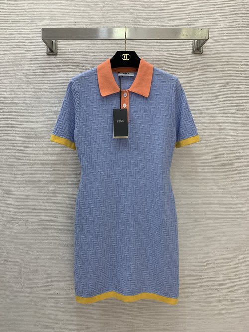 Fendi Chic Polo Neck Knit Dress with Double FF Jacquard and Contrast Splicing