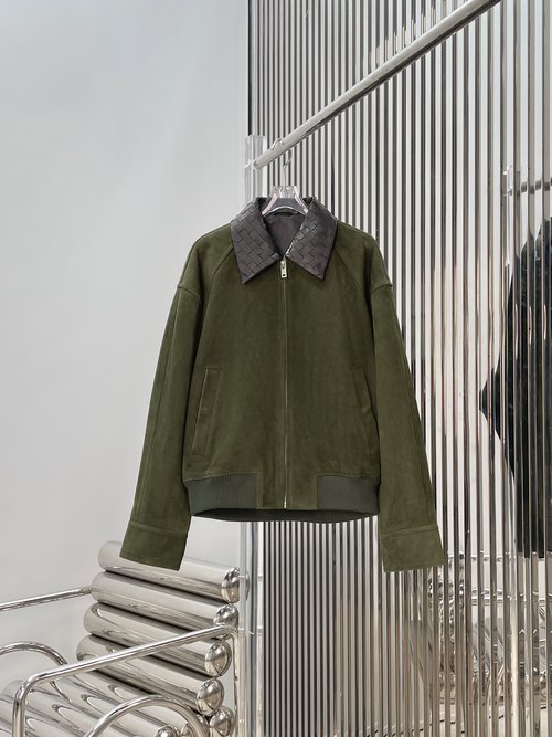 Bottega Veneta Knitted Leather Collar Suede Jacket