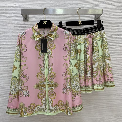 Versace Baroque Print Two-piece Set: Pink and Green Shirt & Skirt