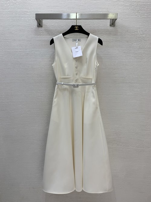 Dior High-End Custom Sleeveless V-Neck Dress with Belt in Various Colors