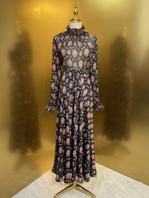 Dolce & Gabbana Black Background Colorful Flower Chiffon Silk Long Sleeve Shirt