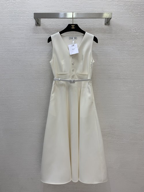 Dior High-End Custom Sleeveless V-Neck Dress with Belt in Various Colors