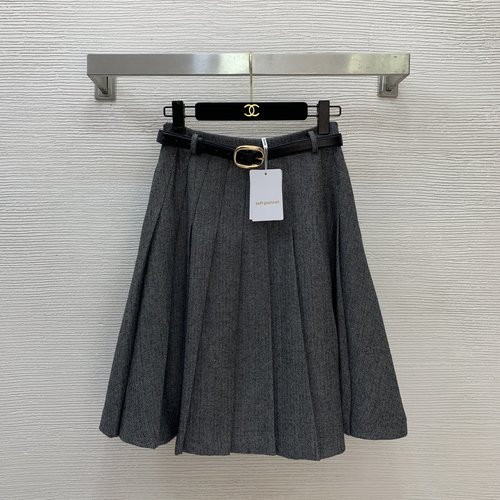 Prada High-End Custom Herringbone Wool Mid-Length Skirt with Belt