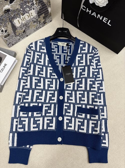 Fendi V-Neck Knit Cardigan with Double F Logo, Contrast Pattern