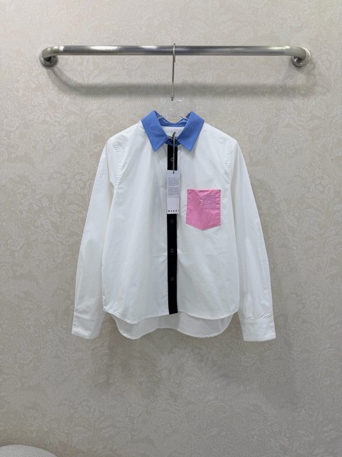Marni Color-Blocked Collared Cotton Shirt with Pocket Embroidery