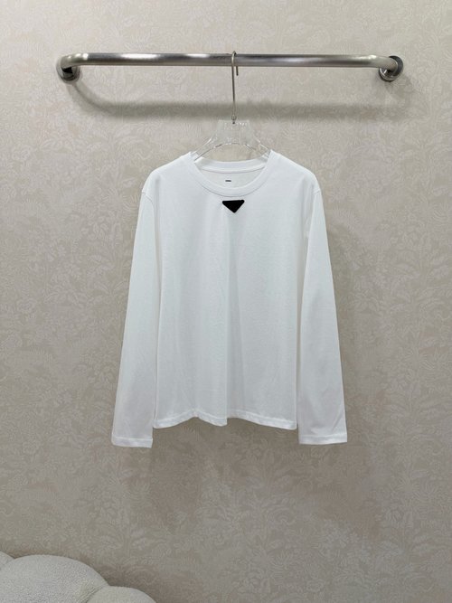 Prada Round Neck Cotton Long Sleeve T-Shirt with Logo