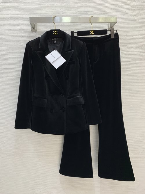 Balmain Velvet Commuter Suit with Double-Breasted Jacket