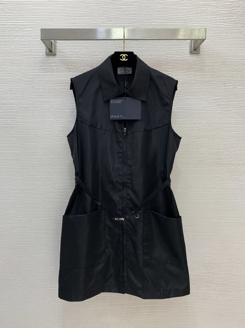 Prada Sleeveless Collared Dress with Logo Hardware and Belt
