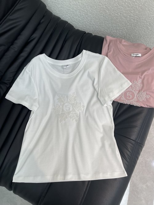 Chanel Beaded Snowflake Design Silk-Cotton Short-Sleeve T-Shirt