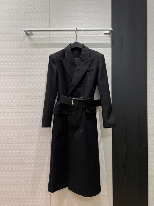 Polo Ralph Lauren Double-Breasted Striped Long Coat with Belt and Pockets