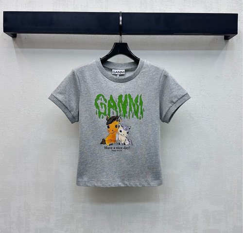 Ganni Round - Neck Horse - Logo Printed Short T - Shirt for Daily