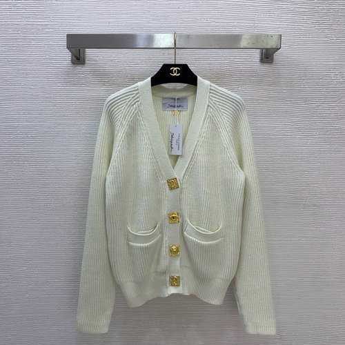 Schiaparelli Newly Designed V-neck Long Sleeve Knitted Cardigan with Gold Buttons