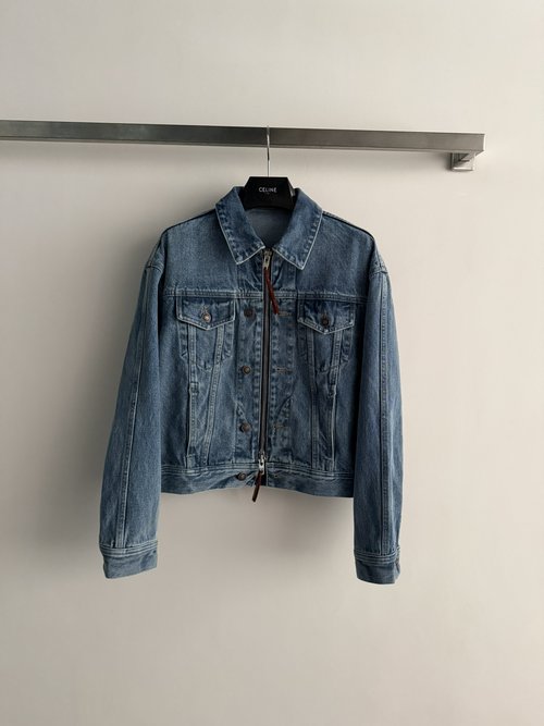 Celine Denim Jacket with Vintage Texture and Zippers