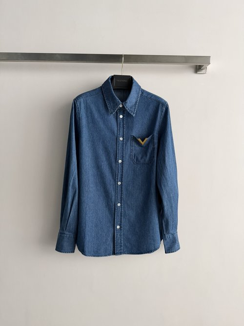 Valentino High-Craft Washed Denim Shirt with Metallic Logo