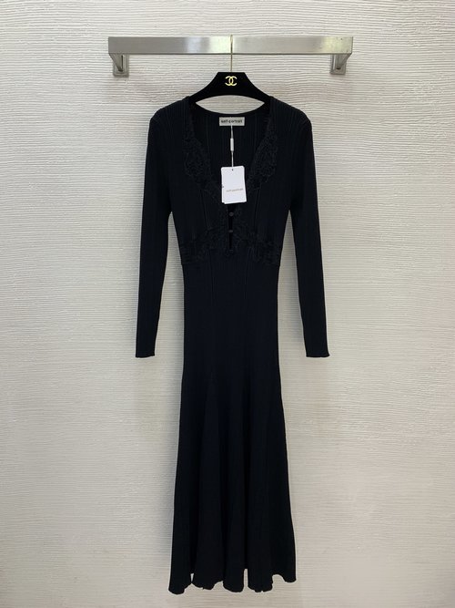 Self-Portrai Lace-Trimmed Slim-Fit Long Knit Dress