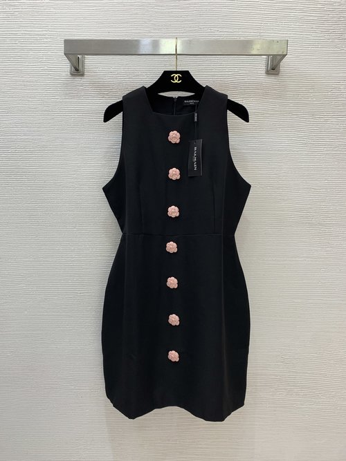 Balmain Square-Necked Sleeveless Dress with Pink Flower Buttons