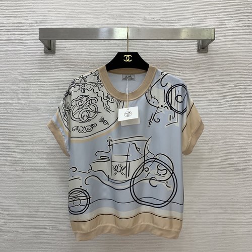 Hermes Irregular Wheel Print Silk-Knit Round-Neck Short-Sleeve Top