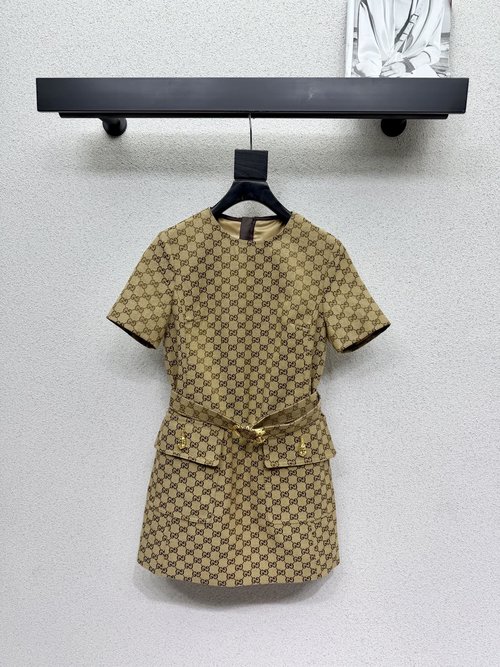 Gucci Khaki Jacquard Sleeveless Dress with Belt