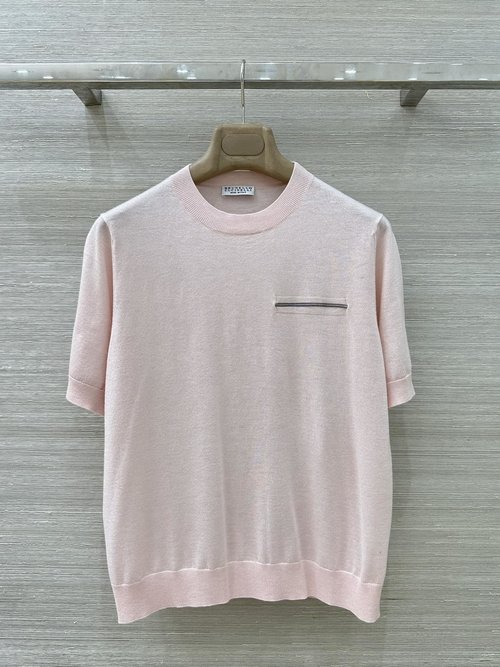 Brunello Cucinelli Short-Sleeve Knit Top: Copper Chain Elegance