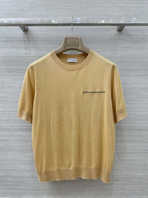 Brunello Cucinelli Knitted Short-Sleeve Top: Copper Chain Embroidery Chic