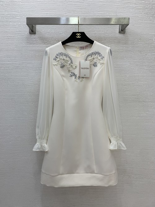 Valentino High-end Beaded Chiffon-sleeved Spliced Dress