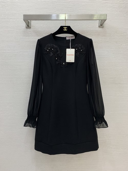 Valentino High-end Beaded Chiffon-sleeved Spliced Dress