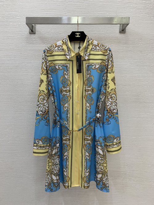 Versace Classic Medusa Head Gold Button Baroque Printed Collared Dress