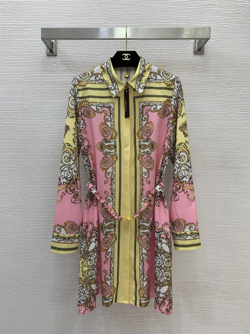 Versace Classic Medusa Head Gold Button Baroque Printed Collared Dress