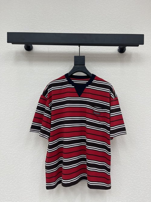 Prada Red-Brown-White Striped Round Neck Cotton T-Shirt