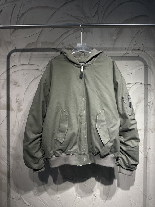 Balenciaga Hooded Spliced Bomber Flight Jacket with Abrasion Design