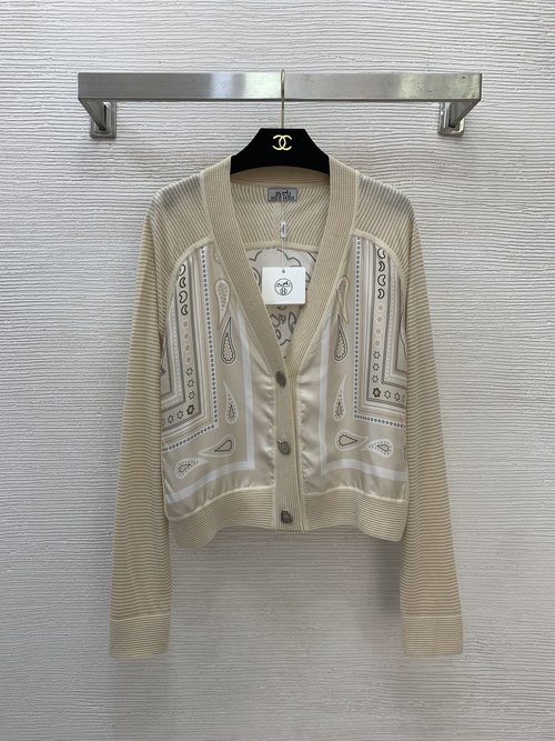 Hermes High-end Printed V-neck Long Sleeve Short Cardigan