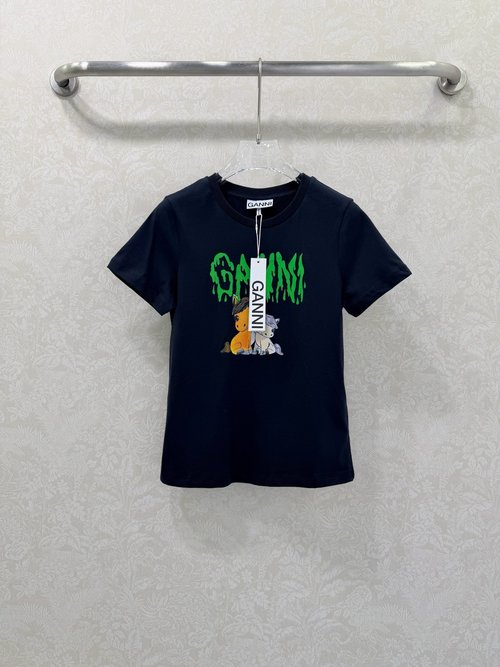 Ganni Chic Pony Print Short Sleeve Tee with Vintage Green Lettering