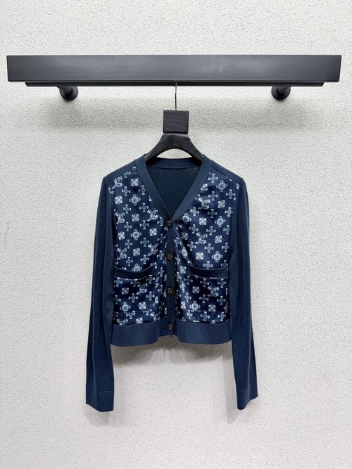 Louis Vuitton Elegant and Warm Navy Blue Floral Knit Cardigan