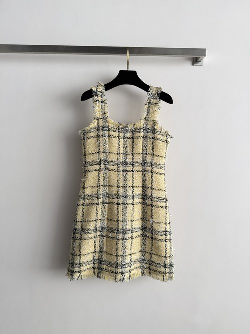 Balmain Classic Scottish Plaid Tweed Sling Dress with Fringed Hem