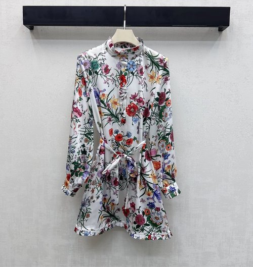 Gucci Silk Shirtdress with Floral Insect Design and Ruffled Edges