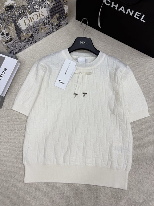 Dior Refined Knit Round Neck Tee with Logo & Bowknot Detail