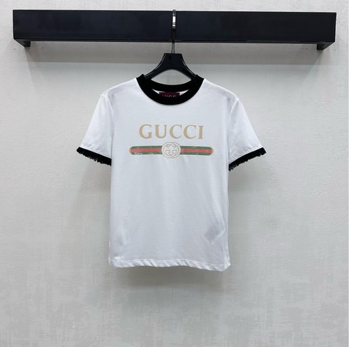 Gucci Imported Cotton Round Neck T-Shirt with Logo and Lace