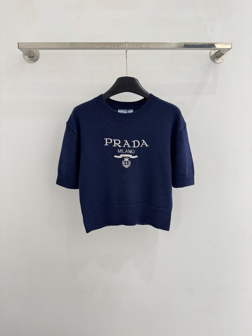 Prada Dark Blue Short - sleeve Knitted Sweater with Alphabet Embroidery
