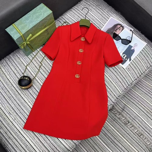 Gucci New Arrival Flip-Collar Short Sleeve A-Line Dress with Logo Lining