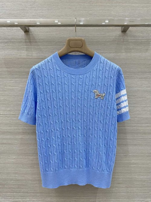 Thom Browne Exclusive Silk-Wool Short Sleeve Top with Dog Embroidery, Trendy and Slimming