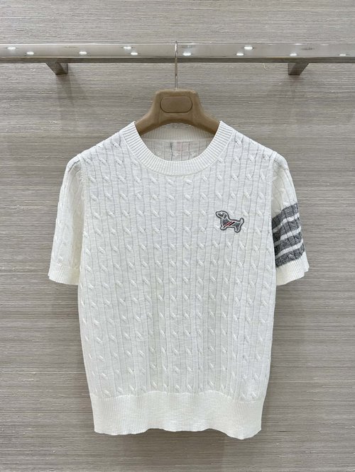Thom Browne Exclusive Silk-Wool Short Sleeve Top with Dog Embroidery, Elegant and Alluring