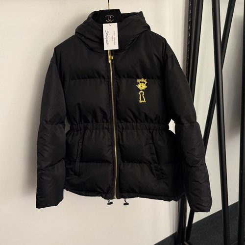 Schiaparelli Black Hooded Cotton Coat with Metal Eyelet Accent