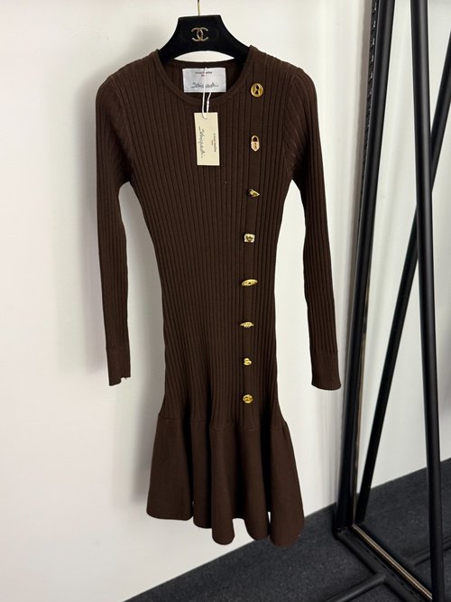 Schiaparelli New Knit Long-Sleeve Dress with Gold Buttons and Ruffled Hem in Multiple Colors
